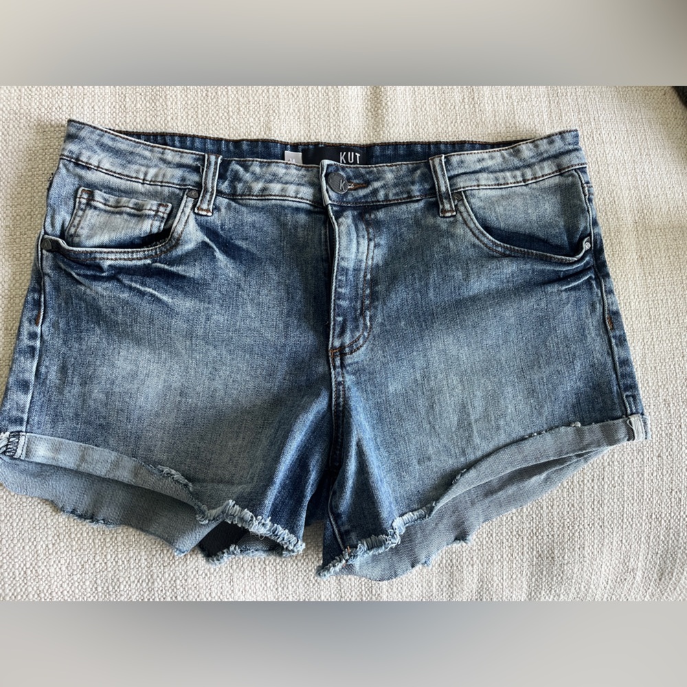Kut from the Kloth Gidget High Rise Frayed Blue Denim Shorts